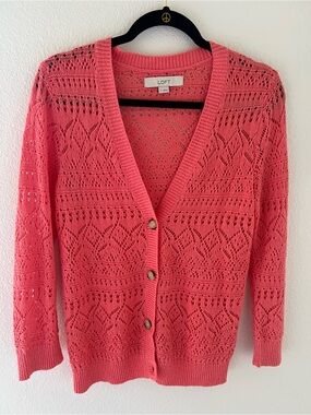 LOFT Coral Pink Openwork V-Neck Cardigan